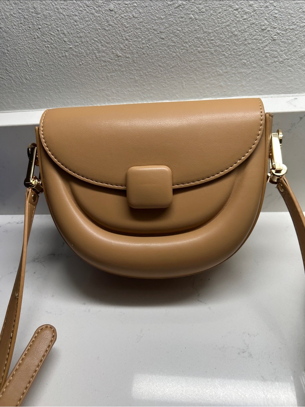Miztique Tan Saddle-Style Crossbody with Gold Hardware (adjustable strap)